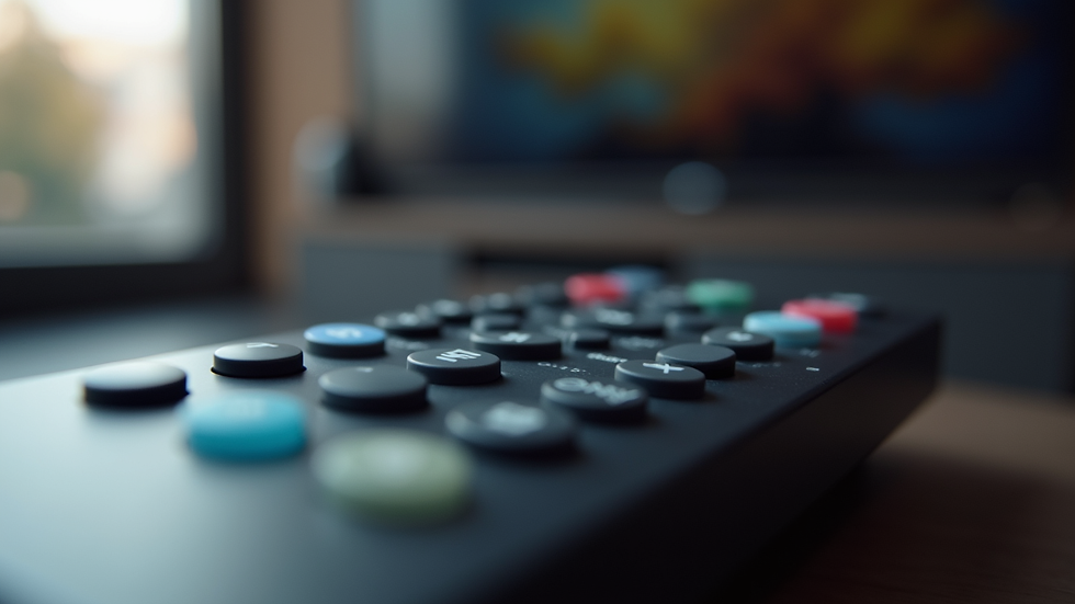 Close-up view of a smart TV remote control with buttons for voice command and streaming apps