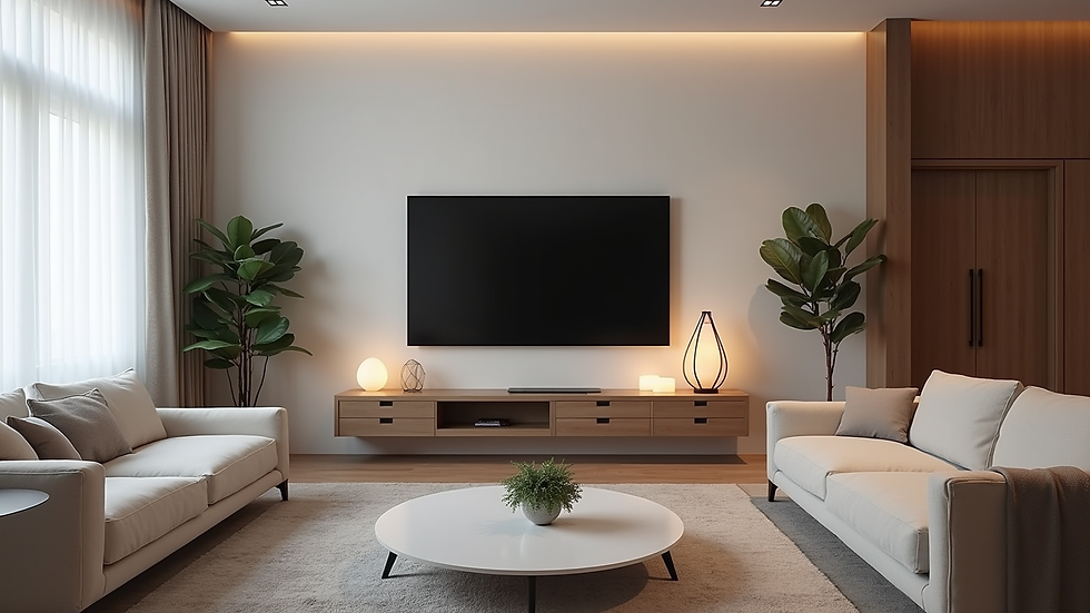 Eye-level view of a modern living room with a 50-inch 4K smart TV on the wall