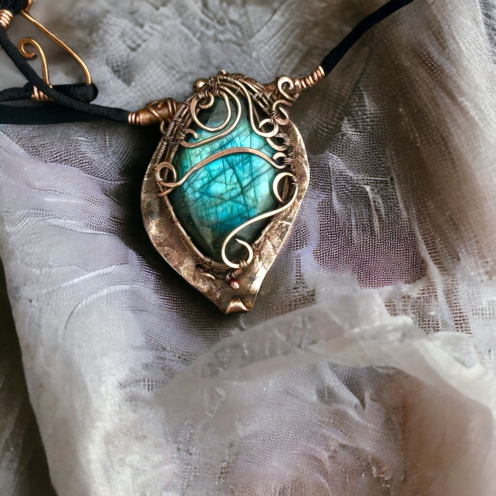 Stunning Labradorite ,etched copper pendant