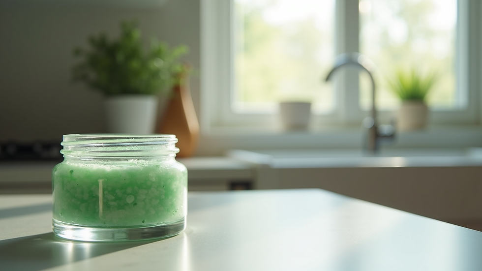 Eye-level view of a glass jar filled with sea moss gel on a kitchen counter