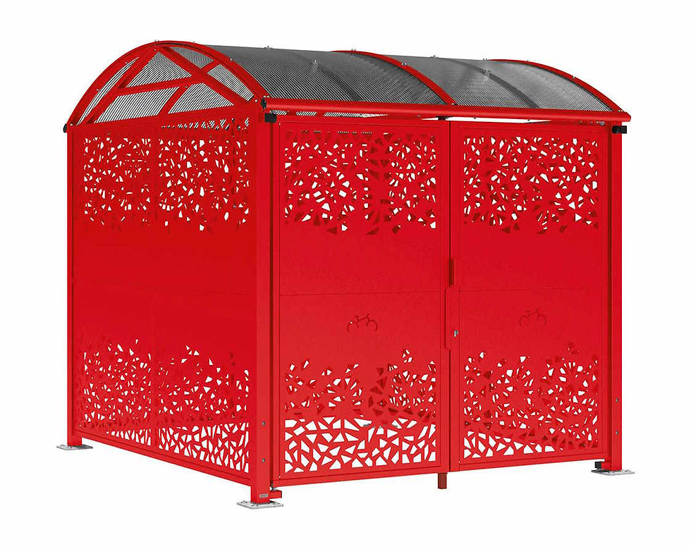 Thumbnail: Barrel roof secure "L" shelter for bikes and motor bikes with cut steel sheet