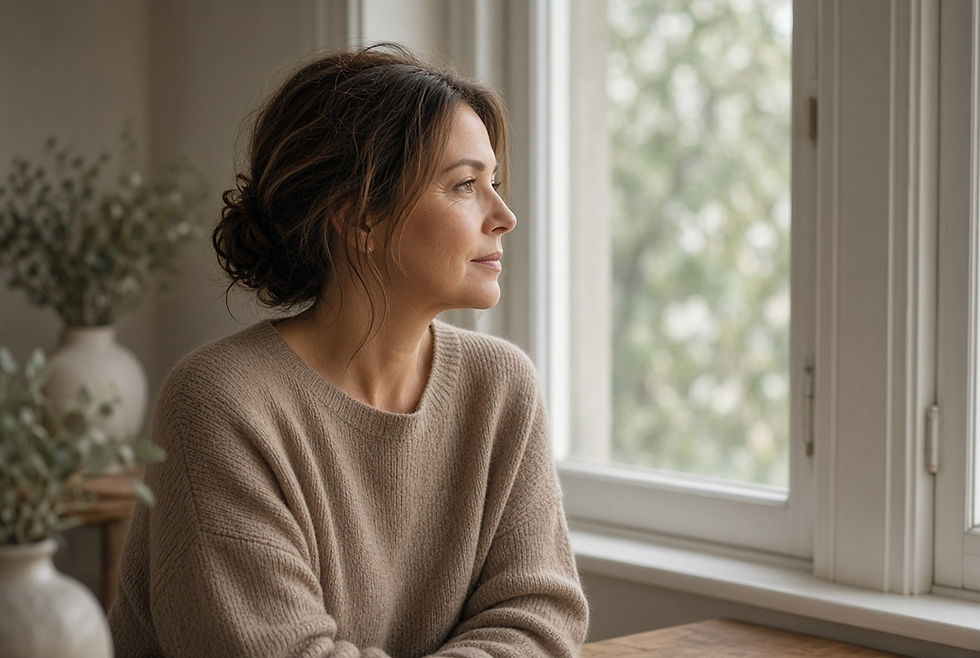 Reflective woman gazing out a window, conveying quiet realization after a health program