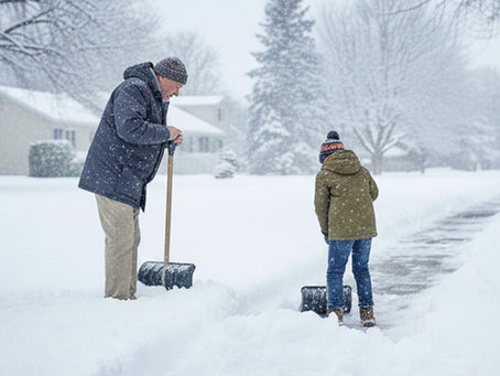 Man and boy shoveling snow