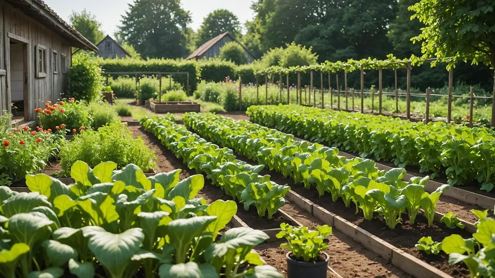 Eye-level view of a flourishing vegetable garden in early summer