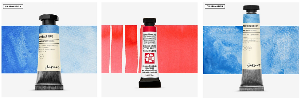 Picture of Cobalt Blue, Quinacridone Coral and Cerulean Blue watercolour paint pigment tubes