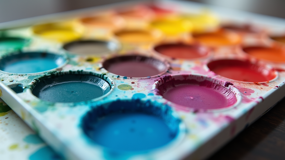 Close-up view of watercolor palette with vibrant colors