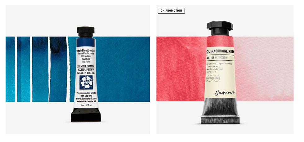 Picture of Phthalo Blue (Green) and Quinacridone Red watercolour paint pigment tubes