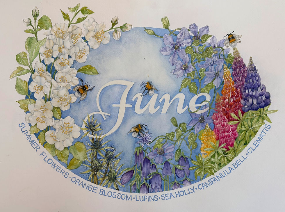 June In Bloom ~ Print Of My Watercolour Flower Painting with Bees ~ UK Summer Flowers
