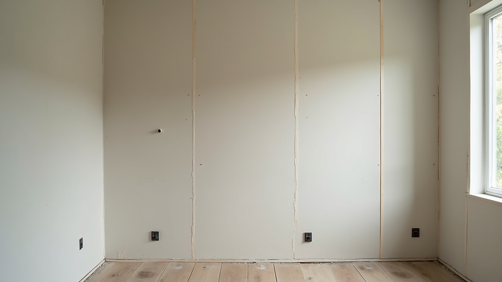 Close-up view of drywall installation in progress at a residential site