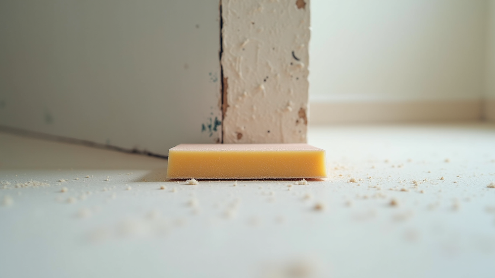 Eye-level view of a sanding block smoothing a repaired drywall surface
