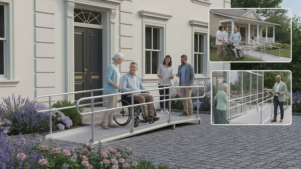 Eye-level view of a sturdy aluminum wheelchair ramp installed at a building entrance