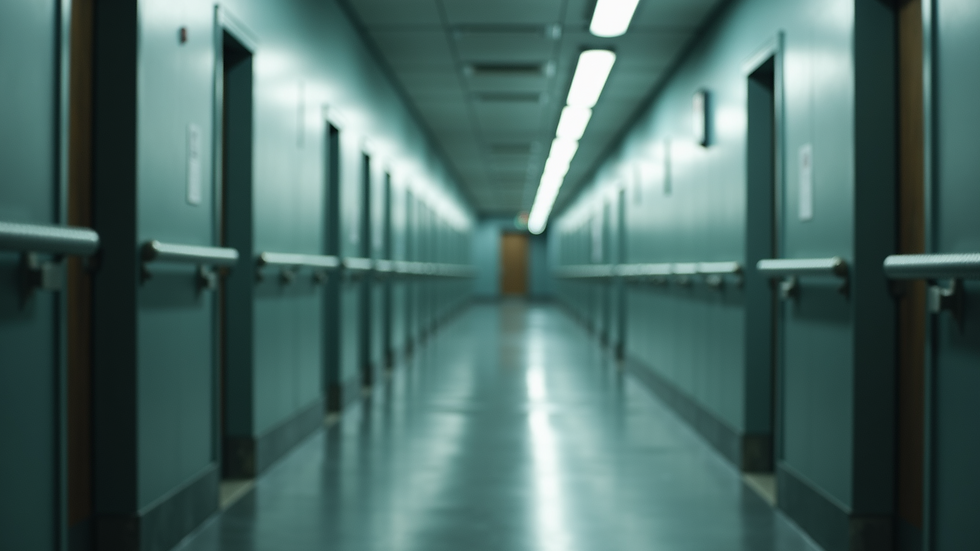 Eye-level view of a well-lit hallway with handrails on both sides