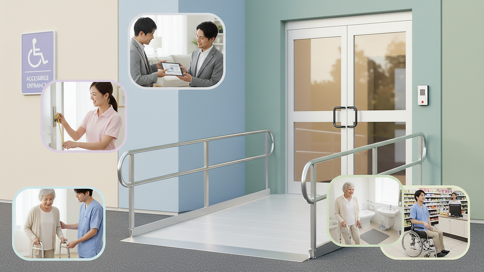 Eye-level view of a metal wheelchair ramp installed at a building entrance