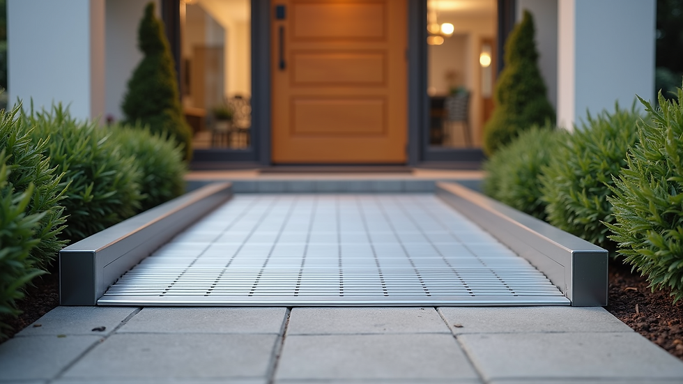 Eye-level view of a lightweight aluminum wheelchair ramp installed at a home entrance