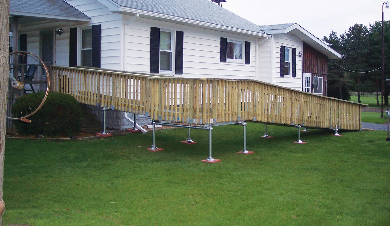 Quick install aluminum and wood ramp that requires no footings. Purchase your wood from your localbuilding supply store.