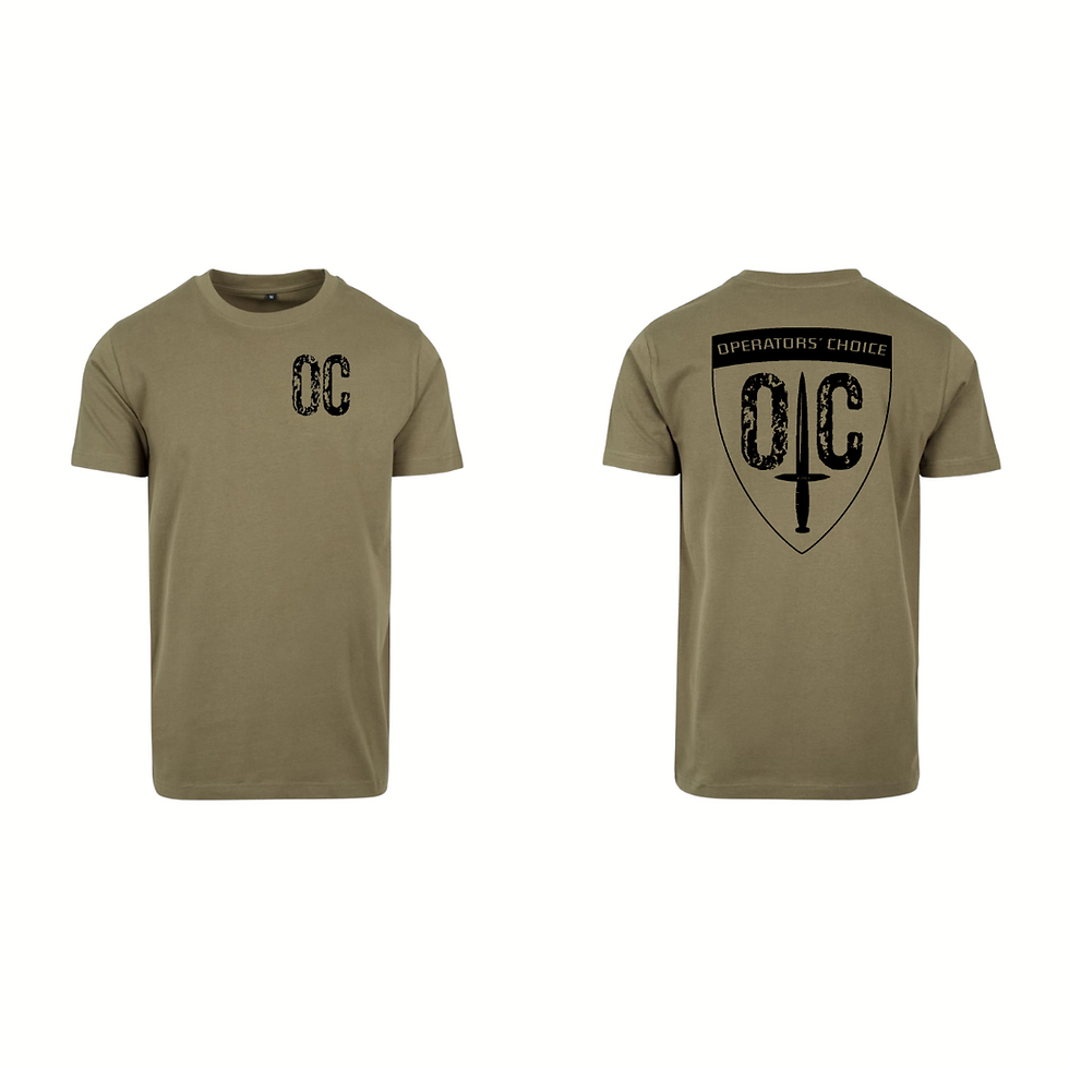 Thumbnail: Operators Choice T-Shirt von vorne und hinten mit schwarzem Aufdruck OC Logo in der T-Shirt Farbe olive