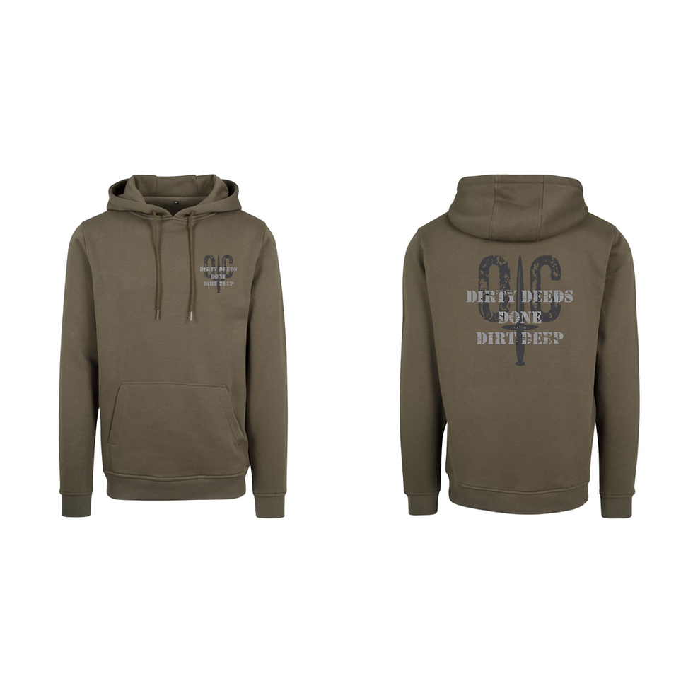 Thumbnail: Operators Choice Hoodie von vorne und hinten mit Aufdruck Dirty Deeds Done Dirt Deep, Hoodie Farbe olive