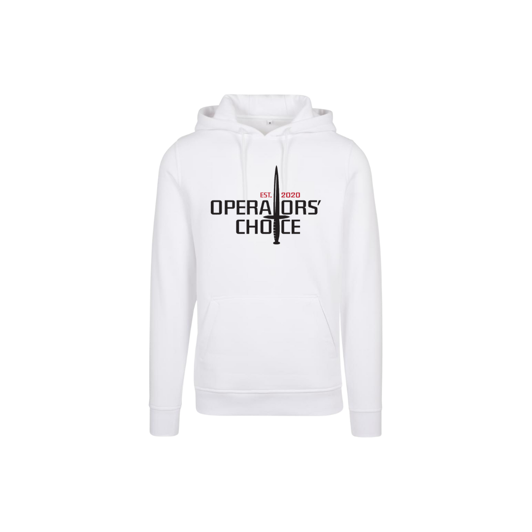 Operators Choice Hoodie mit schwarzem Schriftzug Operators Choice und KSK Schwert, Hoodie Farbe ist weiß