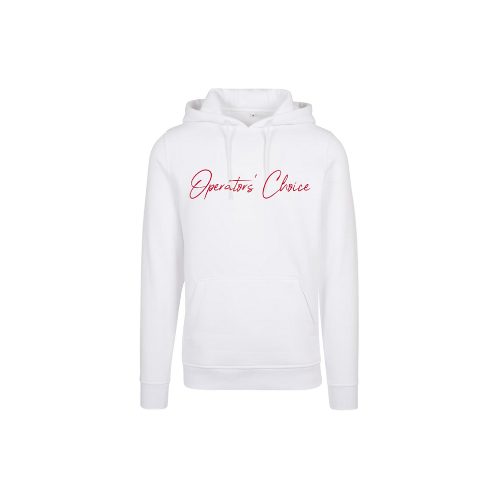Thumbnail: Operators Choice Hoodie mit rotem Schriftzug Operators Choice in Schreibschrift, Hoodie Farbe ist weiß