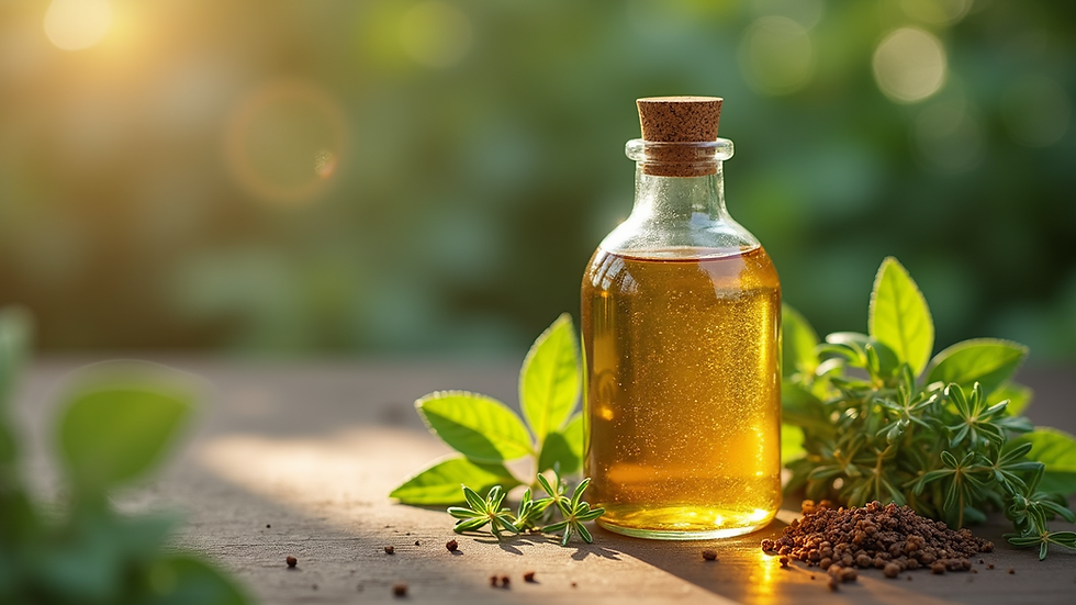 Close-up view of a bottle of natural hair tonic with fresh herbs