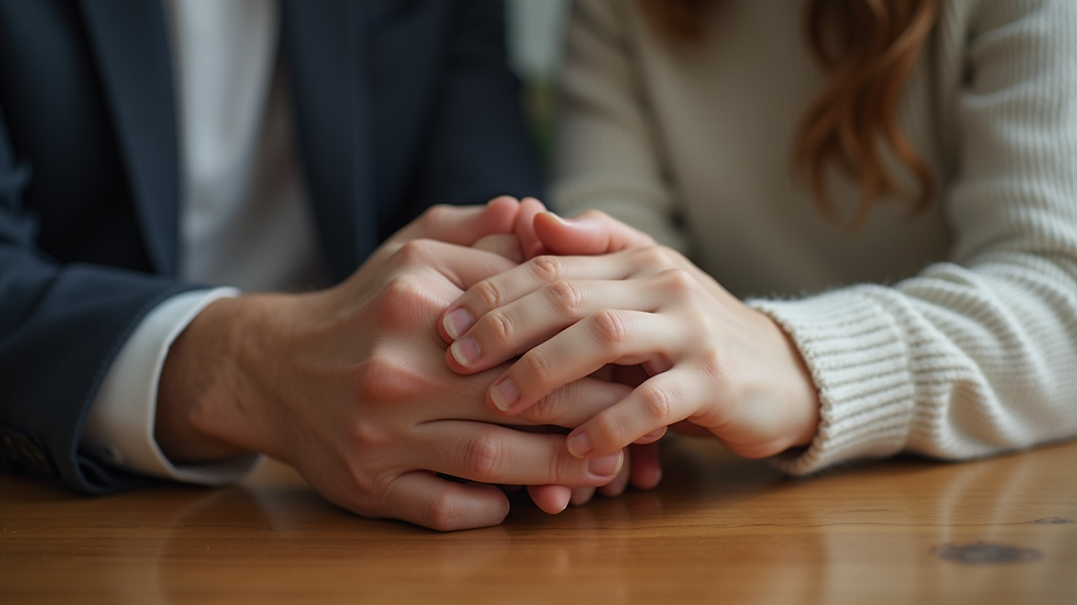 Close-up view of two hands gently holding each other on a wooden table