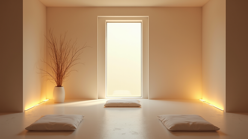 Eye-level view of a serene meditation room with soft lighting