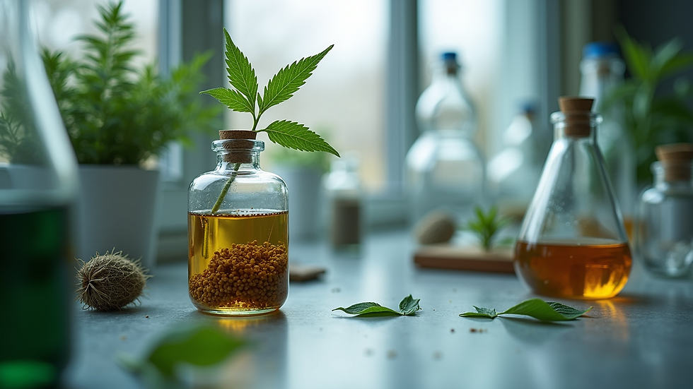 Eye-level view of a laboratory setup with medicinal plants and scientific instruments