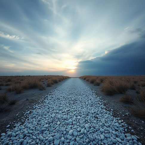 a white pebbled path, soft muted colors of blue, gray in the sky with a sun on the horizon