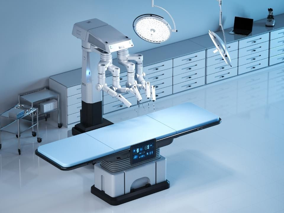 3D rendering surgery room with robotic surgery and empty bed