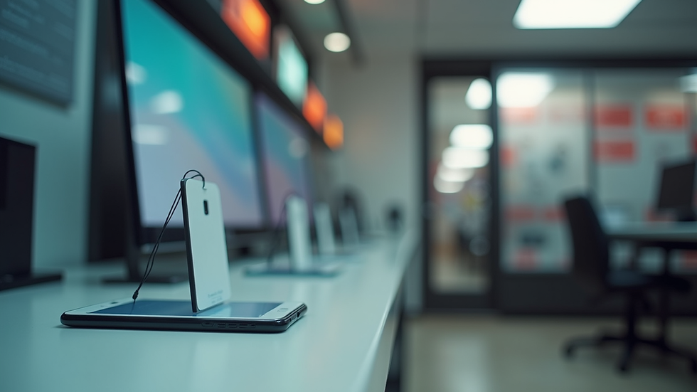 Close-up view of a smartphone with price tags in a South African tech store