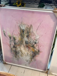 Abstract portrait of Rosemary on pink background with amorphous shapes and lines.