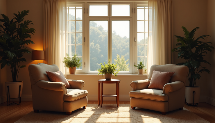 Eye-level view of a cozy living room with two chairs facing each other near a window