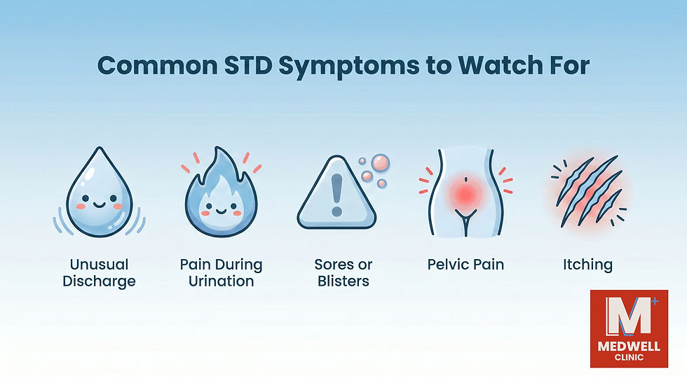 Icons illustrating common STD symptoms: discharge, urination pain, sores, pelvic pain, itching. Blue background, Medwell Clinic logo.