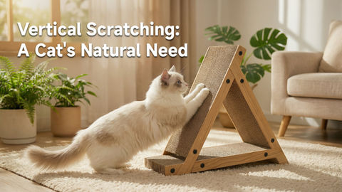 Fluffy cat scratching a beige triangular post on a rug in a sunlit room with plants. Text reads: Vertical Scratching: A Cat's Natural Need. - from MuraPet