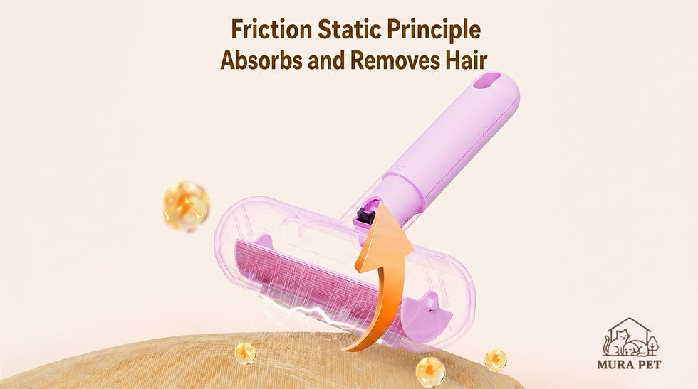 Purple pet hair remover roller above wood surface with static effect. Text: "Friction Static Principle Absorbs and Removes Hair." Mura Pet logo.