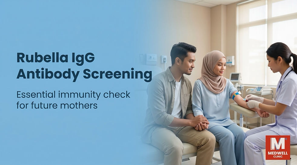 Couple in a clinic, woman receiving a blood test from a nurse. Text: "Rubella IgG Antibody Screening. Essential immunity check for future mothers."