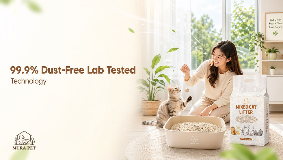 Woman playing with cat near litter box and bag labeled "Mixed Cat Litter." Text reads "99.9% Dust-Free Lab Tested." Bright, home setting.