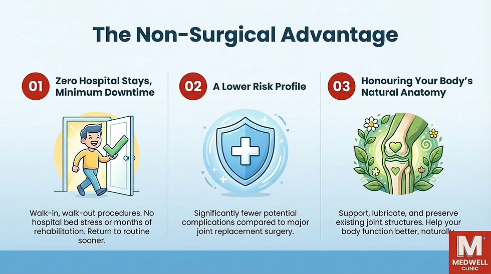 Infographic titled "The Non-Surgical Advantage" with three sections highlighting benefits like no hospital stays, lower risk, and natural anatomy support.