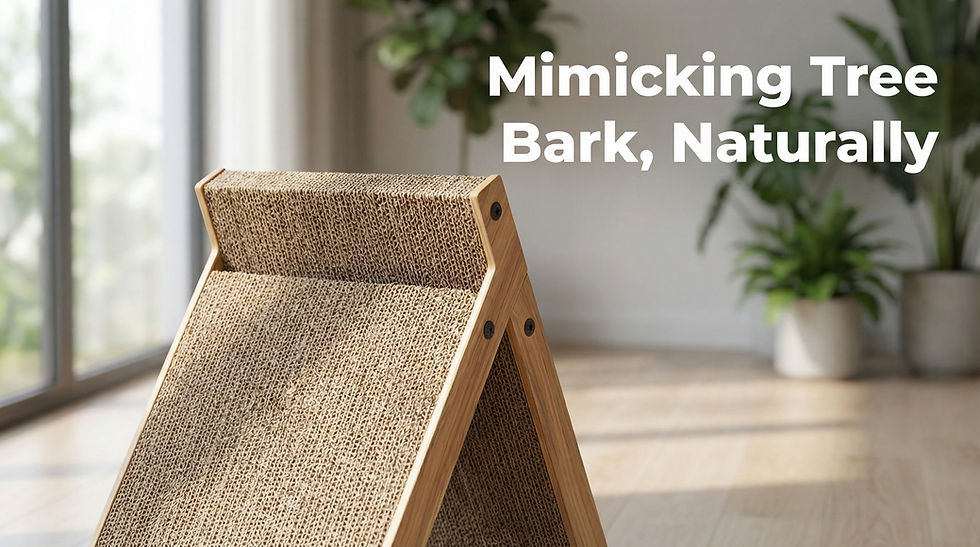 Text "Mimicking Tree Bark, Naturally" over a scratcher resembling tree bark. Set in a bright room with wooden floors and potted plants. from MuraPet