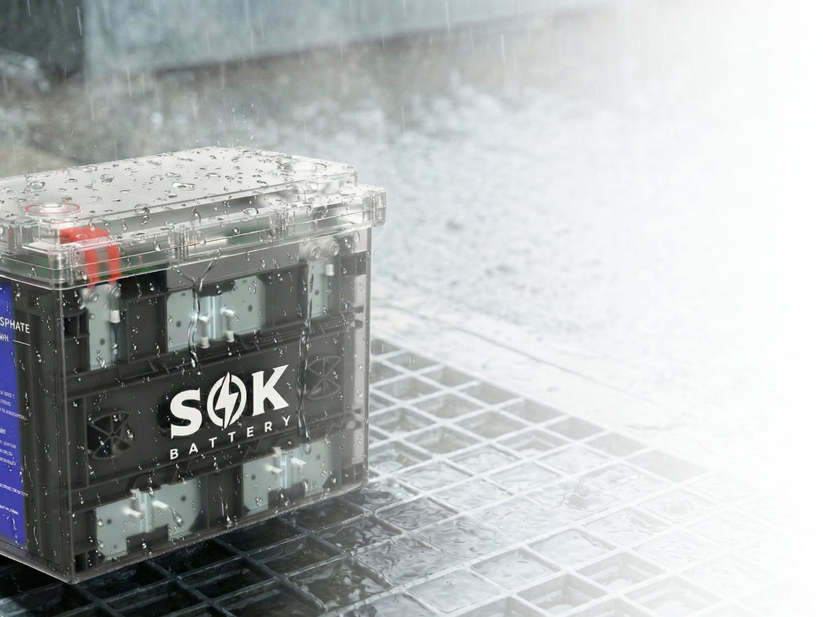 Clear SOK battery enclosure showing internal components