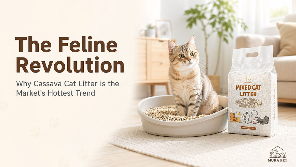 Cat sits in litter box next to "Mura Pet Mixed Cat Litter" bag. Text reads "The Feline Revolution." Room has light decor and plants.