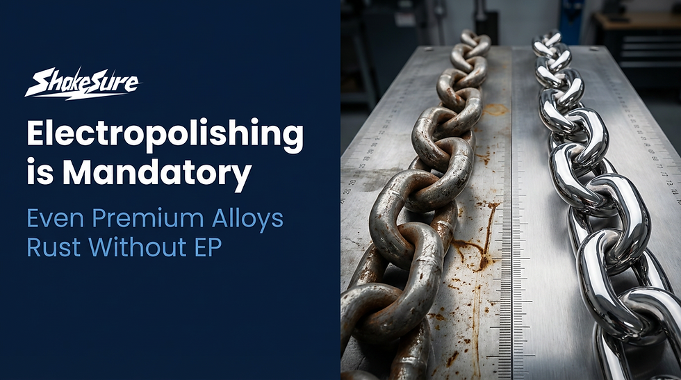 Rusty chain vs. shiny chain on a metal surface. Text: "Electropolishing is Mandatory. Even Premium Alloys Rust Without EP."