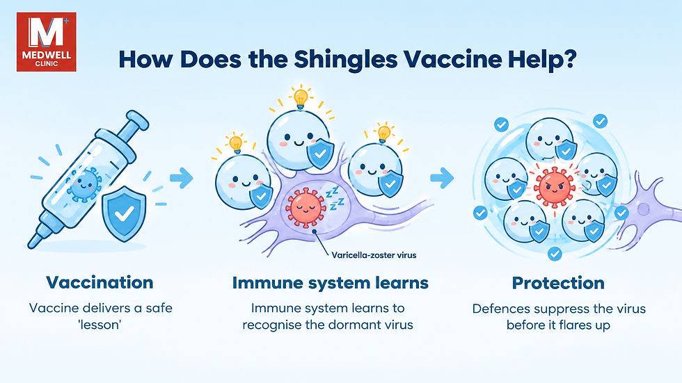 Medwell Clinic infographic titled How Does the Shingles Vaccine Help? showing vaccine, immune cells, and protection against virus.