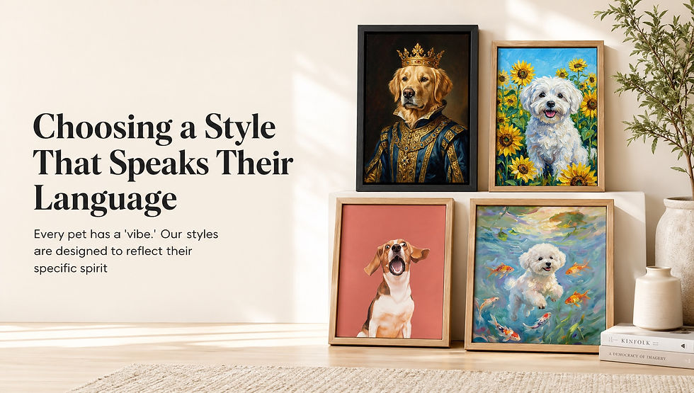 Framed pet portraits on a shelf: a royal dog, a dog in sunflowers, a beagle yawning, and a dog swimming with fish. Text: "Choosing a Style..."