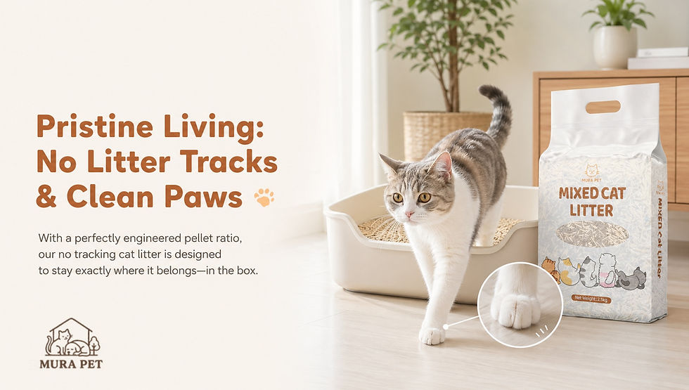 Cat exits litter box with clean paws. Bag of "Mixed Cat Litter" nearby. Text reads: "Pristine Living: No Litter Tracks & Clean Paws."
