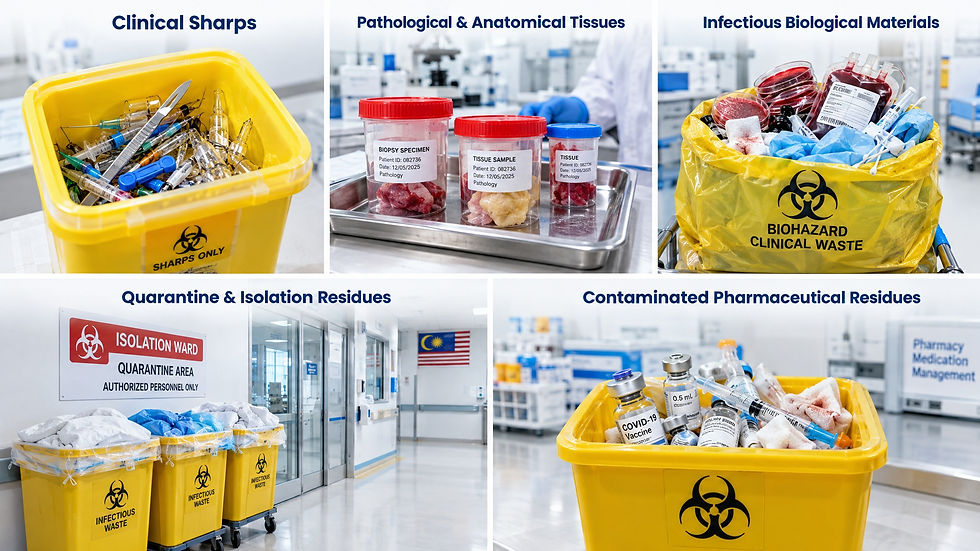 Collage of yellow biohazard waste bins in a hospital lab, labeled sharps, tissue, infectious waste, quarantine, and pharmaceuticals.