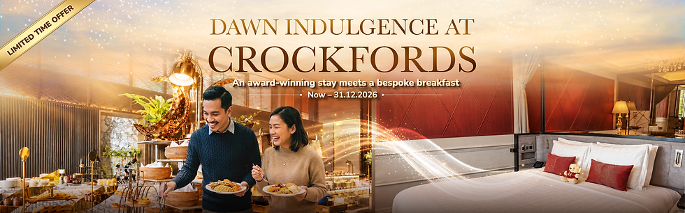 Smiling couple eats breakfast in a luxe hotel room and buffet under Dawn Indulgence at Crockfords, with limited time offer banner.