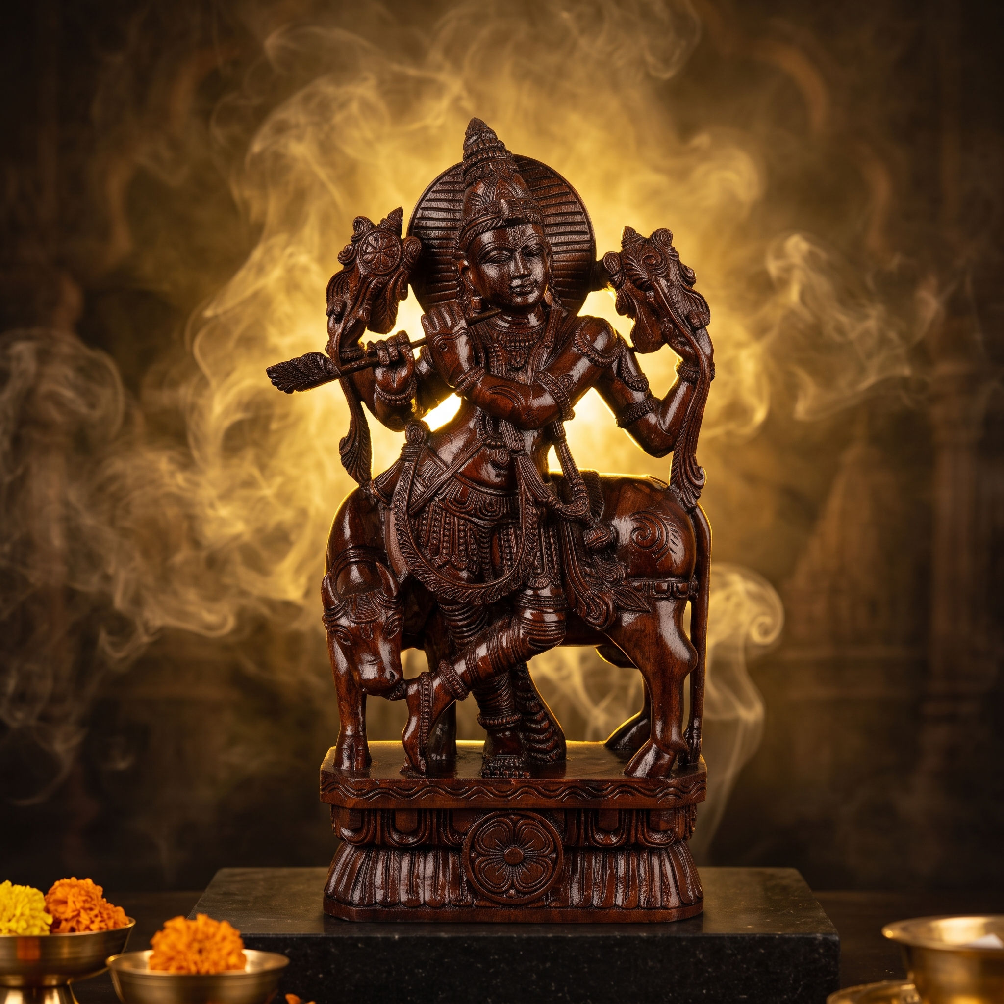 Premium Handcrafted Lord Krishna Playing Flute with Cow Idol - 2FT