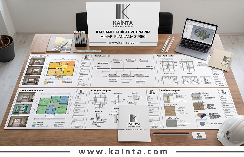 KAINTA ofis masasında tadilat planları, laptopta 3B model, numuneler, kalemler ve baret; profesyonel çalışma ortamı.