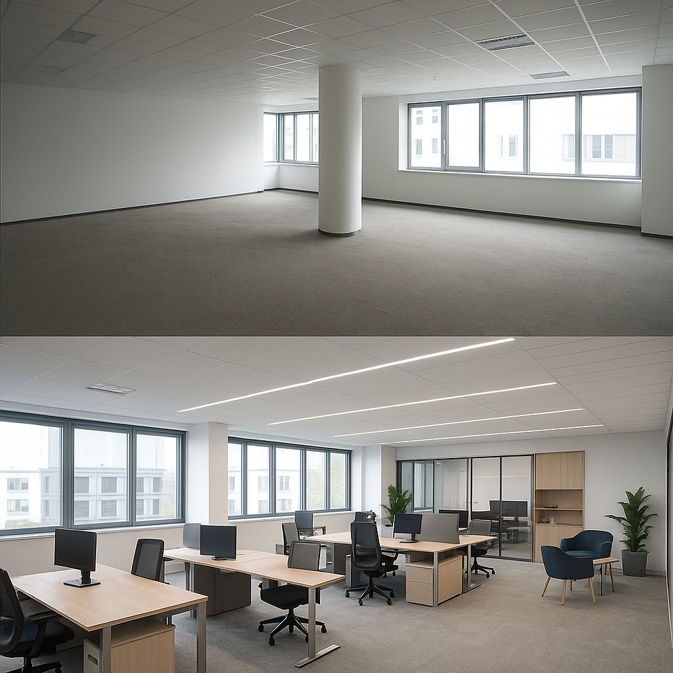Fit out proje süreci adım adım: ihtiyaç analizi, tasarım, uygulama ve teslimat Açıklama: 5 aşamalı bir infografik (ihtiyaç analizi → tasarım → bütçe → uygulama → teslim).